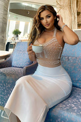 Pearl Beaded Bandage Midi Dress