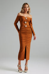 Eliana Straight Shoulder Long Sleeves Bandage Midi Dress
