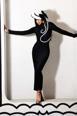 Hutuny Diamond Setting Long Sleeve Bandage Maxi Dress