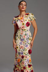 Naya Short Sleeve Round Neck Flowers Fishtail Midi Dress