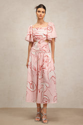 Jillian Puff Short Sleeves Printed Folds Maxi Dress