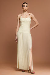 Serena Halter Fishbone Folds Slit Maxi Dress