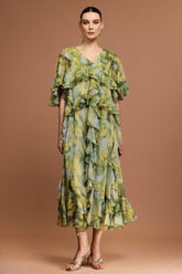 Kasai V-Neck Short Sleeves Printed Folds Maxi Dress