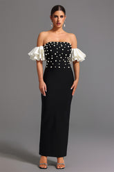 Mako Bandage Strapless Pearls Maxi Dress