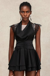Waza V-Neck Folds Sleeveless Lace Mini Dress