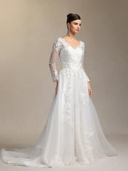 Dolcie V-neck lace patchwork mesh fabric maxi wedding dress