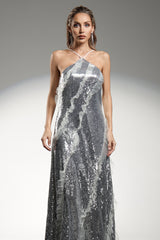 Dilara Sleeveless Halter Sequins Ruffled Maxi Dress