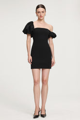 Asymmetric Puff - Sleeve Crepe Mini Dress