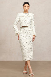 Lucretia Round Neck Long Sleeves Sequin Pearl Top And Skirt Two-Piece Set