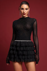 Kerta Classic Contour Crystal Ruffle Mesh Mini Dress