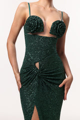 Megan Flower Cut Out Twist Slit Maxi Dress - Green
