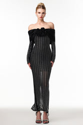 Uareni Elegant Contour Off Shoulder Crystal Floral Mesh Maxi Dress
