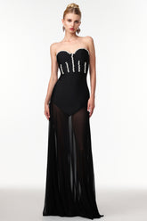 Samira Sexy Contour Rhinestone Bandage Mesh Maxi Dress