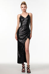 Katty Sexy Contour V Neck Sleeveless Slit Sequin Maxi Dress