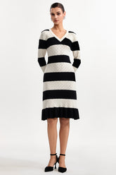 Donnica Elegant Contour V Neck Long Sleeve Stripe Knit Mini Dress