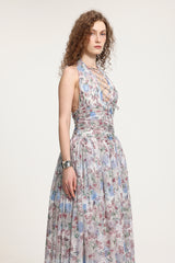 Lace-Up Halter Floral Tulle Gown