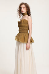Two-Tone Strapless Smocked Peplum Maxi Dress With High Slit