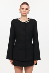 Gabriella Classic Tailored Round Neck Long Sleeve Pearl Woven Top And Skirt Two-Piece Set
