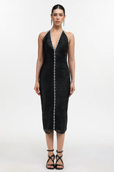 Telka Chic Contour V Neck Fringe Rhinestone Bandage Midi Dress