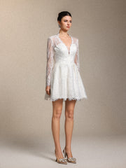Irare Romantic V Neck Long Sleeve Cinched Waist White Lace Mini Dress