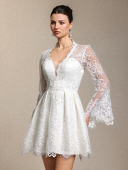 Irare Romantic V Neck Long Sleeve Cinched Waist White Lace Mini Dress
