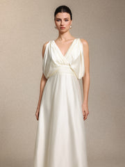 Heleza Elegant V Neck Curve-enhancing Ruched Beige Satin Maxi Dress