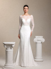 Myla Boho Tailored Open Back White Lace Train Maxi Wedding Dress
