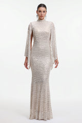 Euen Elegant Contour Cape Sleeve Sequin Maxi Dress