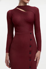 Classic Contour Long Sleeve Cut Out Knit Red Maxi Dress