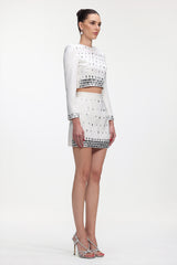 Derlyn Glamorous Tailored Long Sleeve Rhinestone Top and Skirt Set