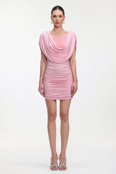 Lilac Chic Contour V Neck Crystal Ruched Knit Mini Dress