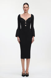 Salla Classic Contour Long Sleeve Gold Button Knit Maxi Dress