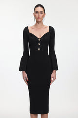 Salla Classic Contour Long Sleeve Gold Button Knit Maxi Dress