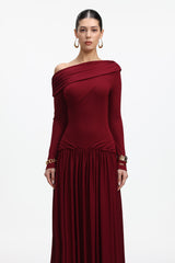 Lala Elegant Contour Off Shoulder Long Sleeve Ruched Knit Maxi Dress