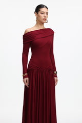 Lala Elegant Contour Off Shoulder Long Sleeve Ruched Knit Maxi Dress