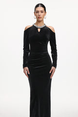 Dolcie Elegant Tailored Long Sleeve Cut Out Rhinestone Velvet Maxi Dress