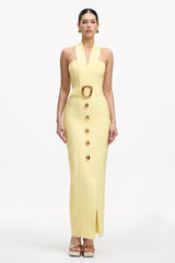 Lanla Chic Contour Halter Metal Buckle Bandage Maxi Dress