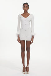 Moua Elegant Contour Long Sleeve Rhinestone Feather Knit White Mini Dress
