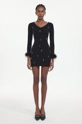 Moua Elegant Contour Long Sleeve Rhinestone Feather Knit Black Mini Dress