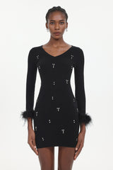 Moua Elegant Contour Long Sleeve Rhinestone Feather Knit Black Mini Dress