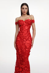Romantic Tailored Off Shoulder Floral Embroidered Maxi Dress