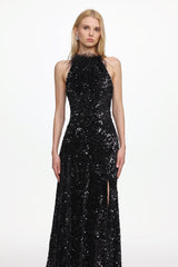 Glamorous Contour Sleeveless Feather Sequin High Slit Velvet Maxi Dress
