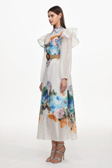 Sarada Resort Flowy Long Sleeve Ruffle Floral Print Woven Maxi Dress