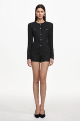 Vedasa Classic Tailored Round Neck Long Sleeve Buttoned Woven Mini Jumpsuit