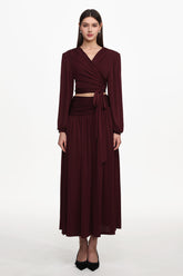 Nailah Resort Flowy V Neck Long Sleeve Ruched Woven Top And Skirt Set