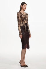 Yuhie Vintage Flocked Top And Faux Leather Skirt Set
