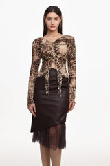 Yuhie Vintage Flocked Top And Faux Leather Skirt Set