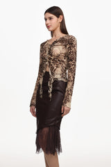 Yuhie Vintage Flocked Top And Faux Leather Skirt Set