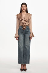 Minola Chic Flowy V Neck Long Sleeve Ruffle Satin Jumpsuit