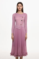 Lalie Resort Flowy Long Sleeve Ruffle Pleated Knit Maxi Dress
